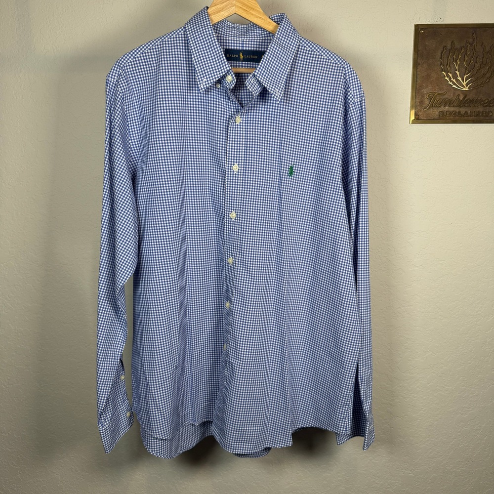 Ralph Lauren Mens XL Blue Gingham Check Cotton Button Down Long‎ Sleeve Shirt